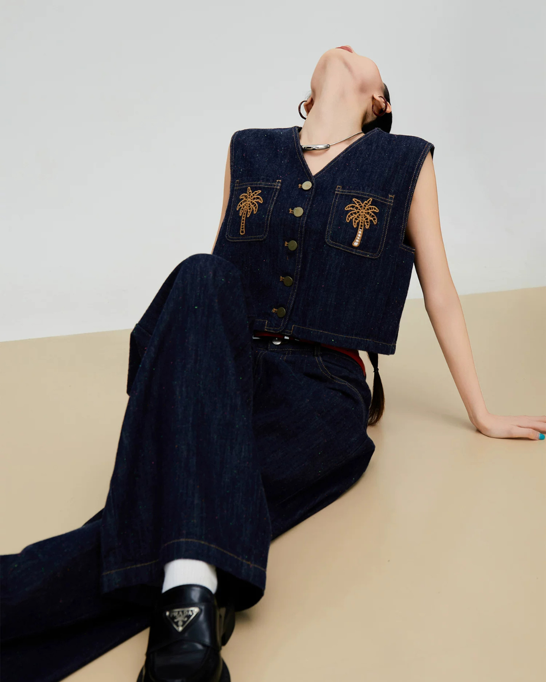 Palm Tree Embroidered Denim Vest / Wide Pants FER0303