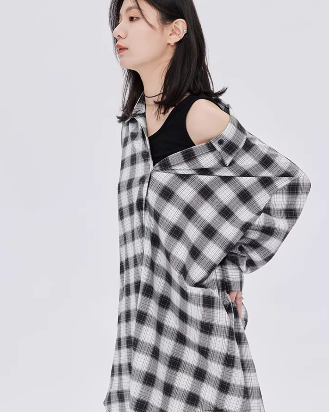 Off-Shoulder Plaid Shirt Dress SHN0049
