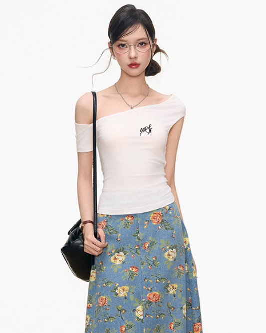 Retro Floral Denim Skirt / Off-Shoulder White Tops WEO0031