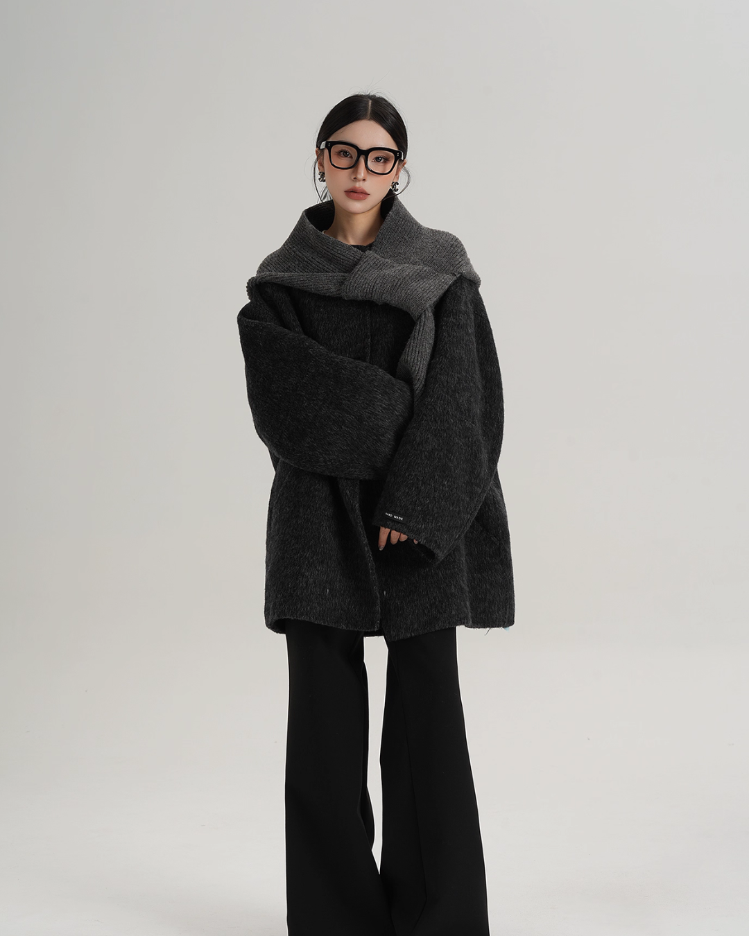 Hood Scarf Mid Length Wool Coat SRS0358