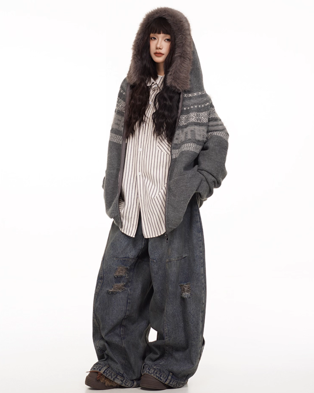 Fur Hood Retro Knit Cardigan FEC0002