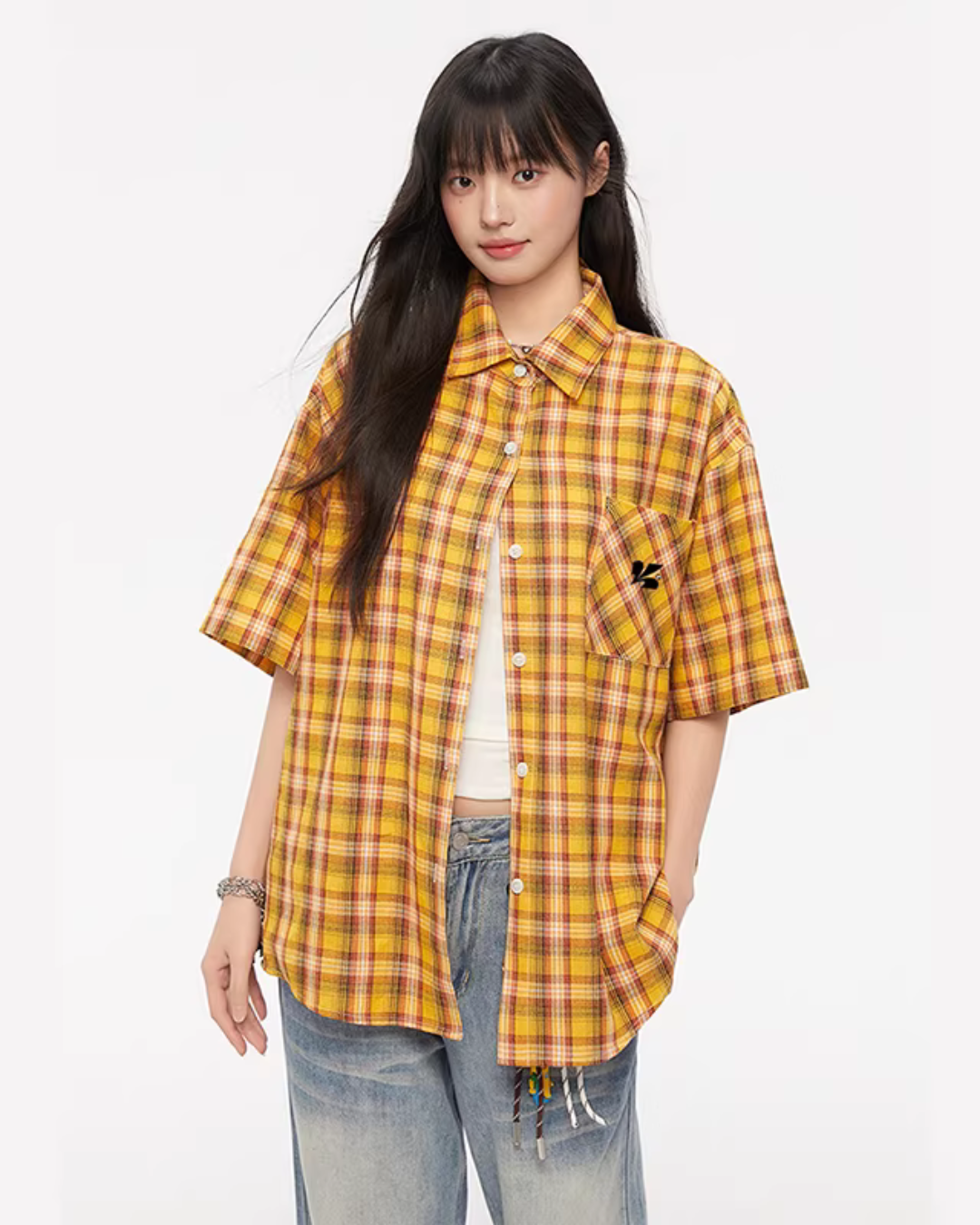 Paid Loose Long-Sleeve Shirt / Washed Straight Jeans KIP0009