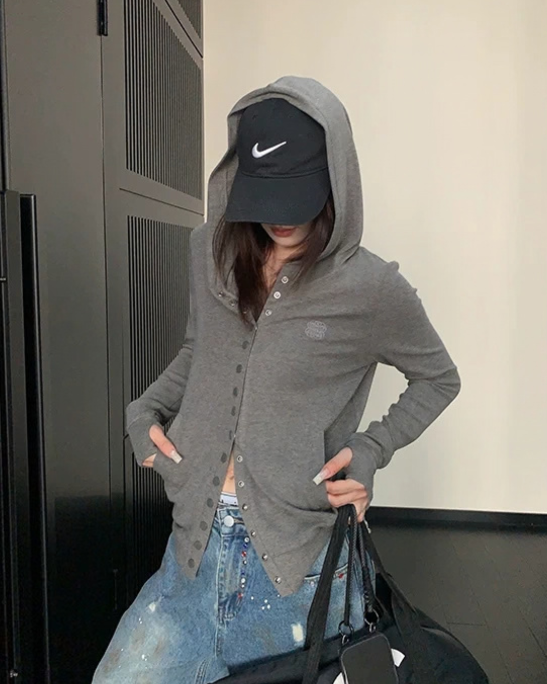 Snap Button Hooded Cardigan YLS1039