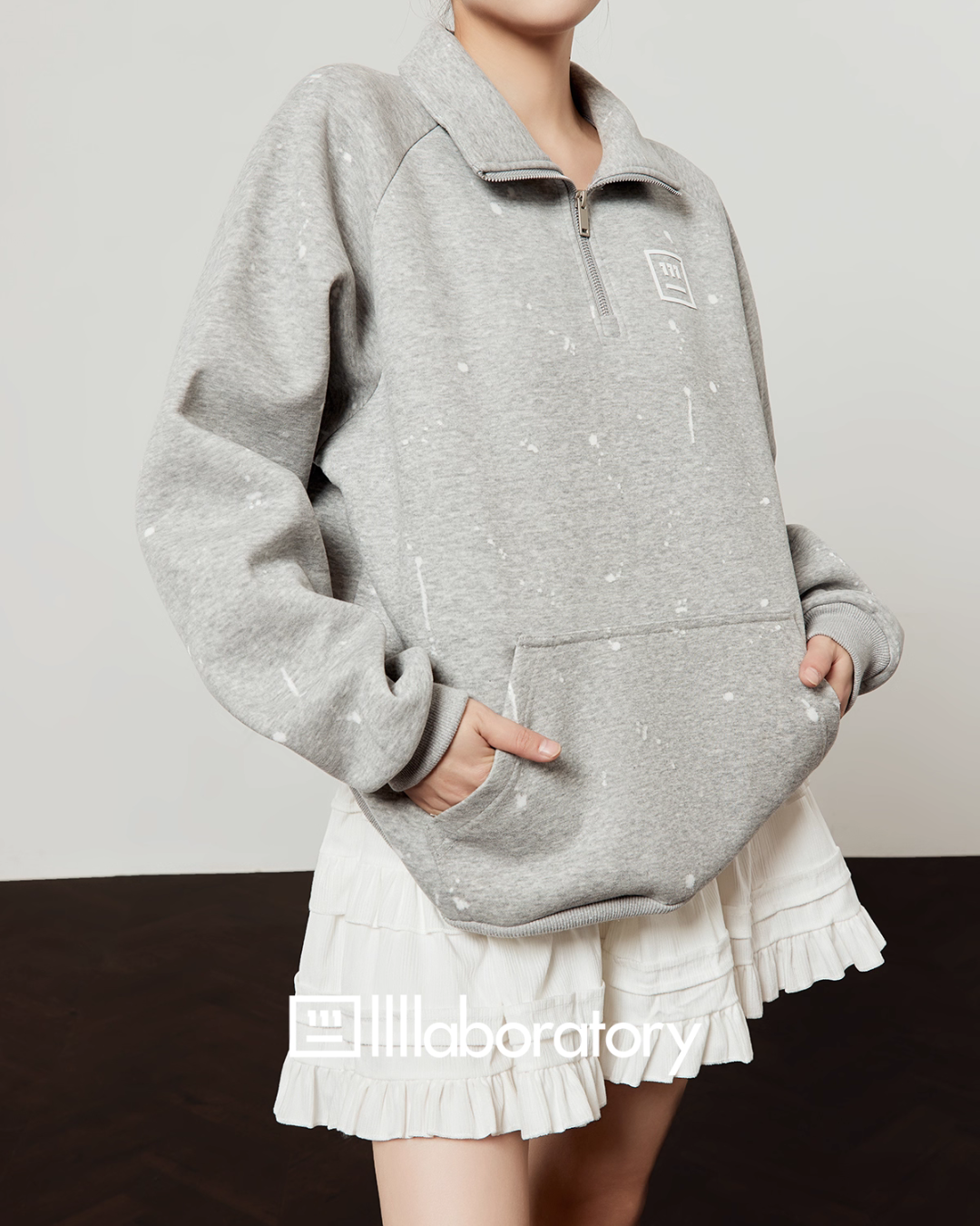 Half-Zip Sweat Top/Lace Mini Skirt LLA0565