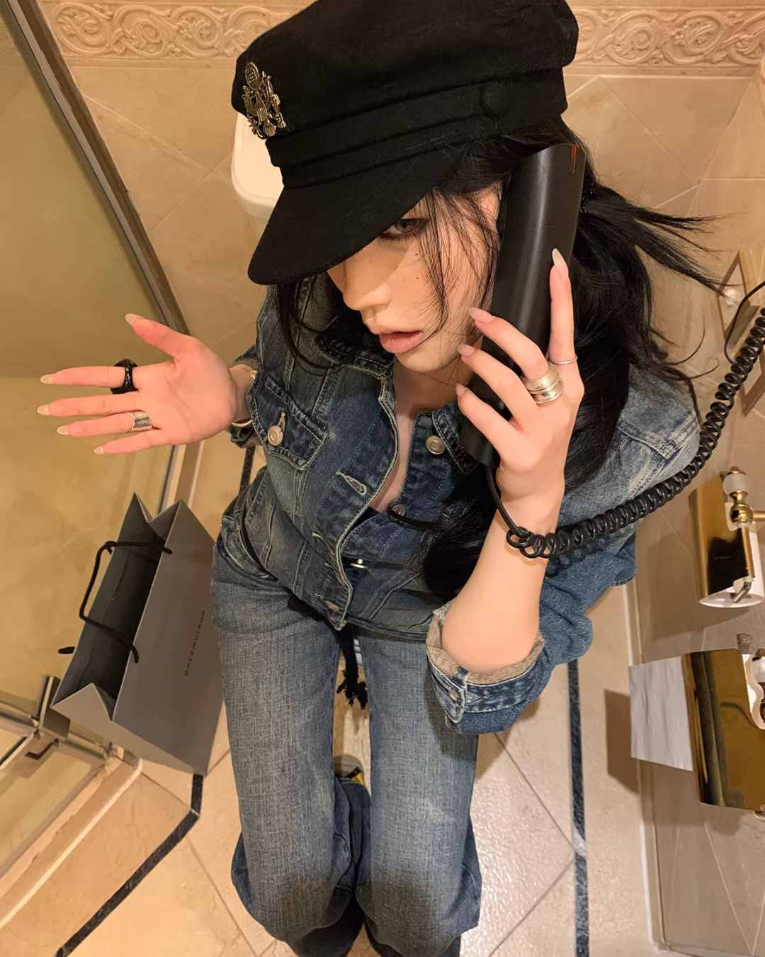 Washed Short Denim Jacket / Flare Slim Jeans IMX0008