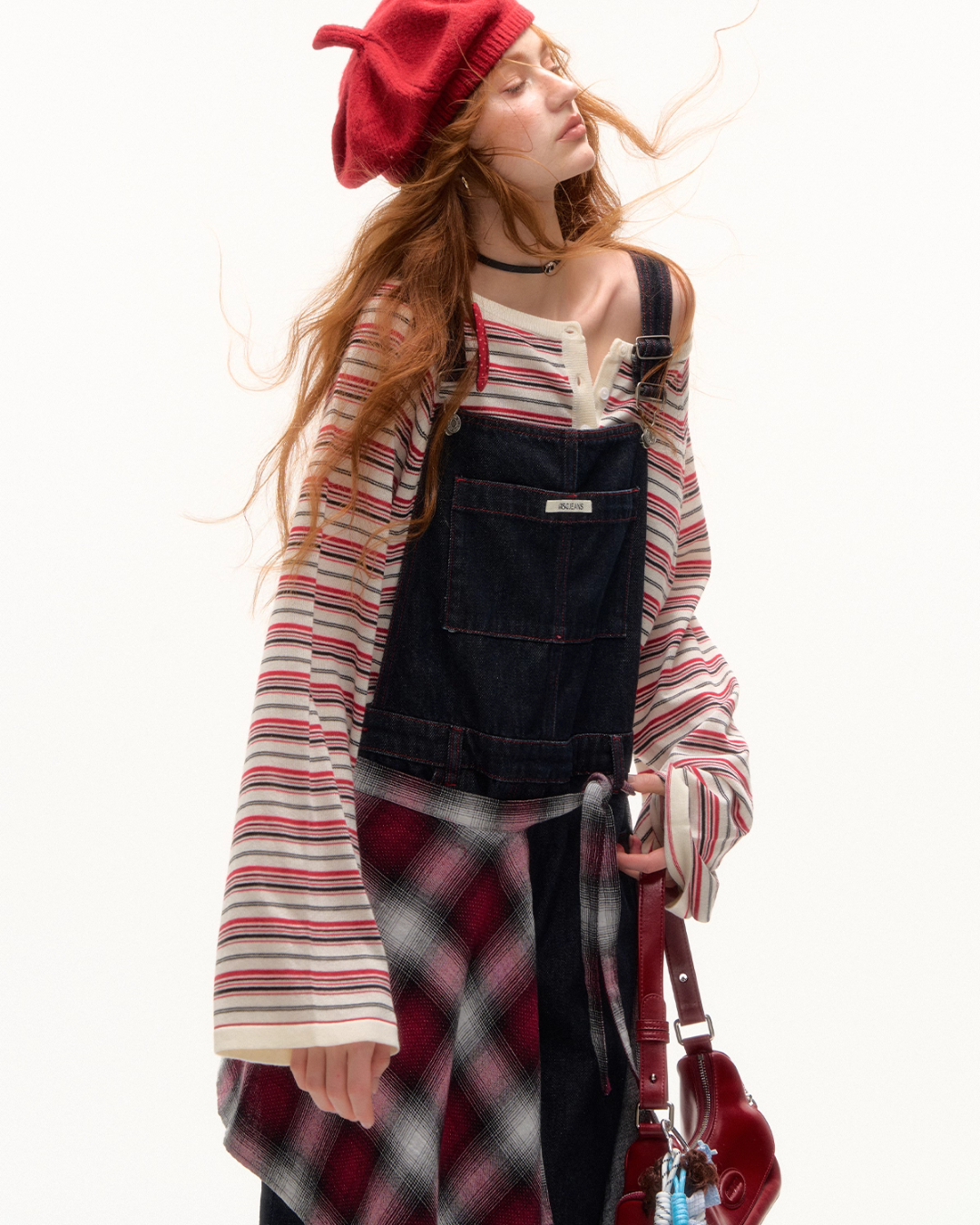 Half Button Border Top / Wide-Leg Denim Overalls ASG0053