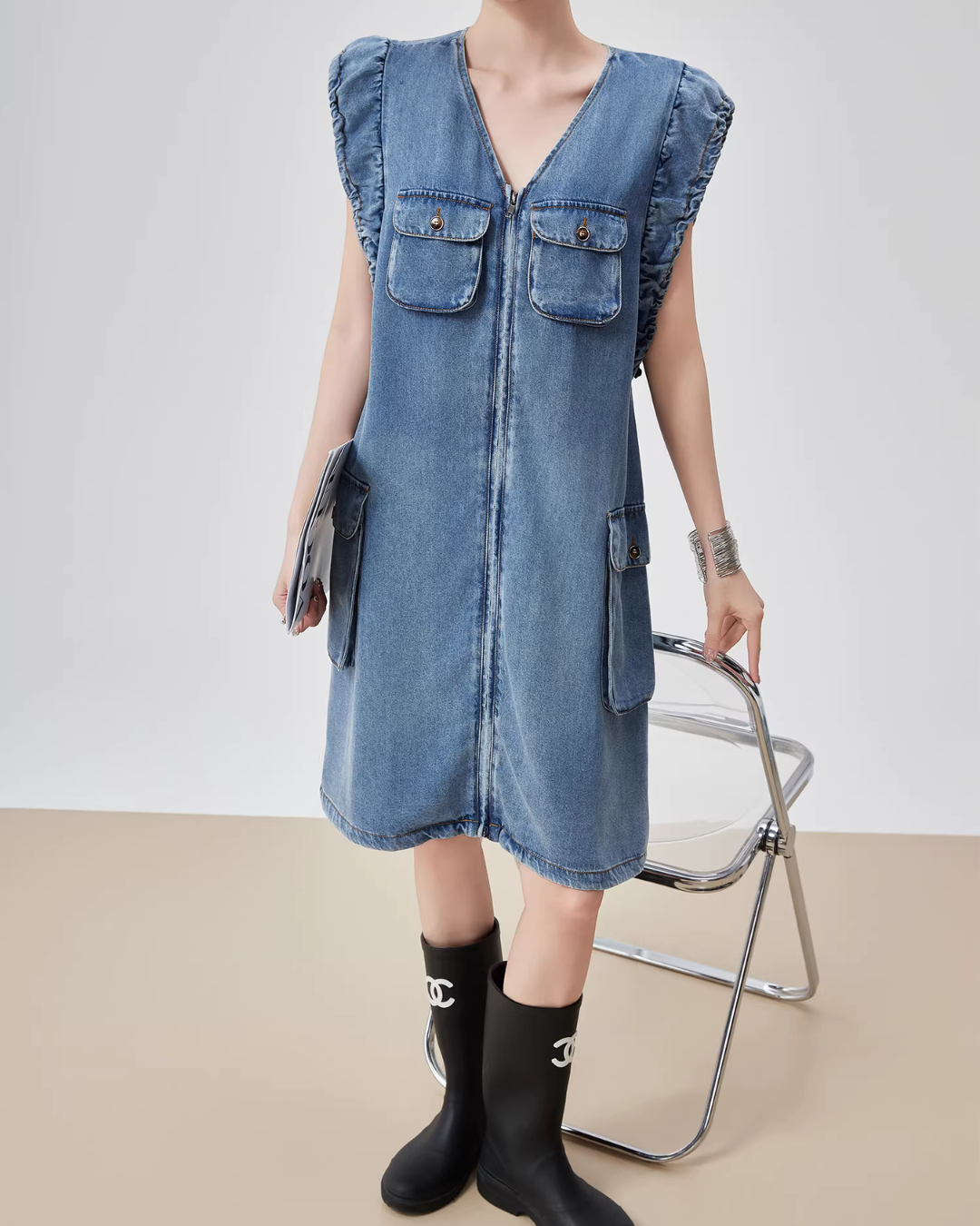 V-Neck Sleeveless Denim Dress FER0115