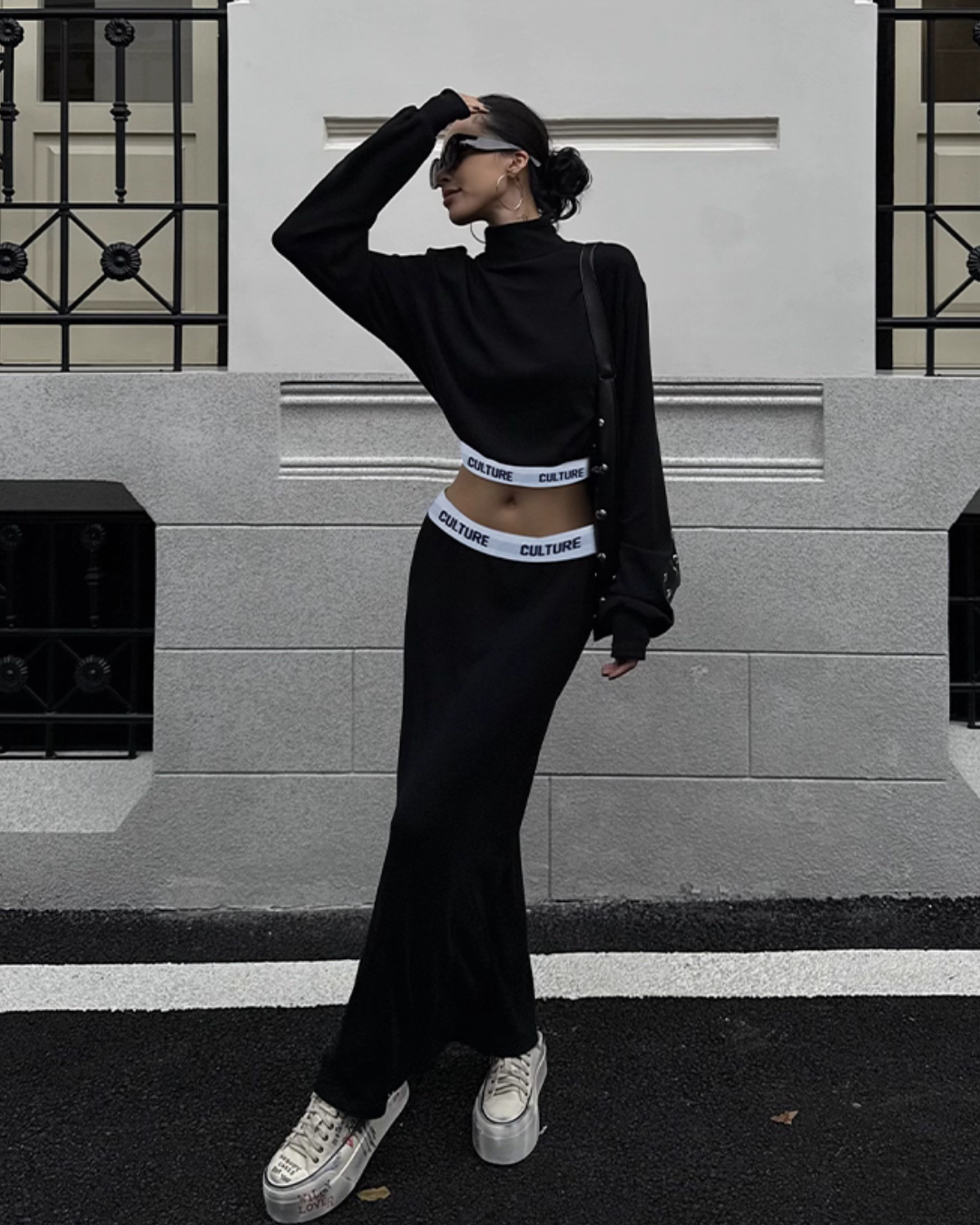 High Neck Long Sleeve Top / Mid Length Skirt ZRS0095