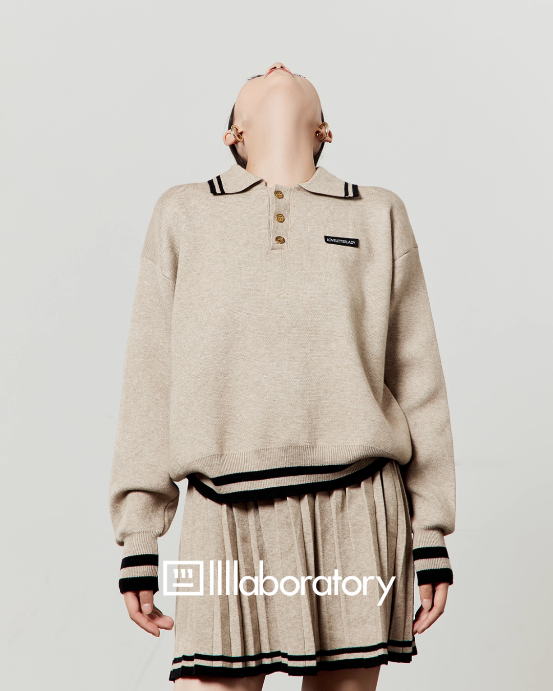 Cream Beige Knit Top / Pleated Skirt LLA0544