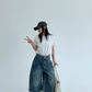 Heart Embroidery Design Wide Denim Pants YLS0851