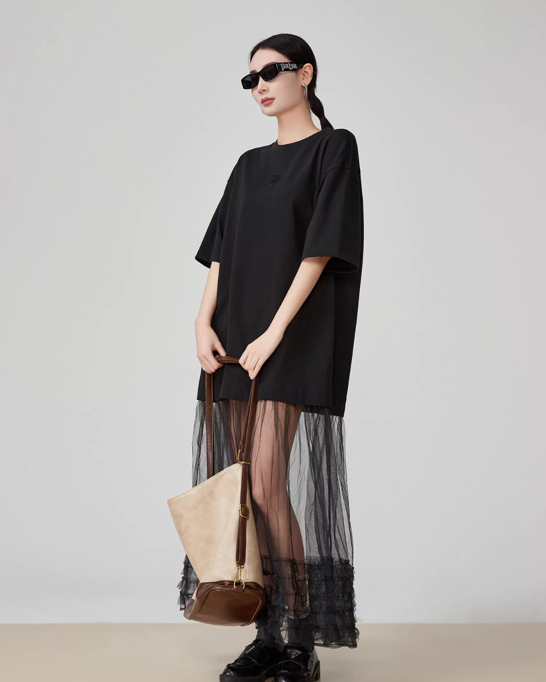Black Patchwork Mesh T-Shirt Dress FER0055