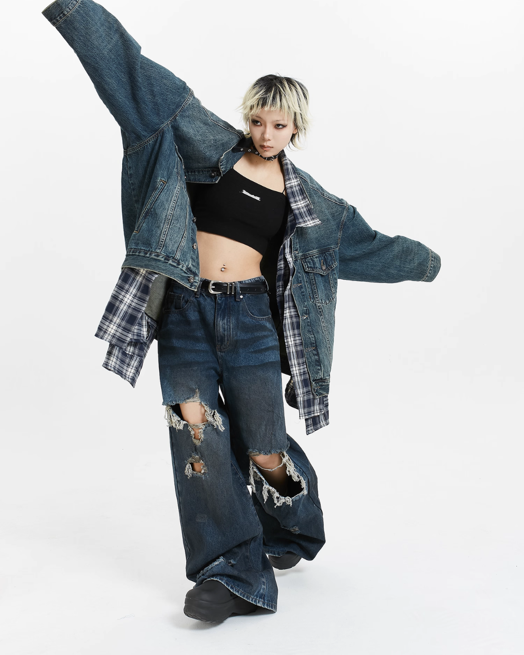 Plaid Shirt Vintage Denim Jacket MCY0005