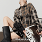 Brown Plaid Shirt  / Leather Mini Skirt LLA0519