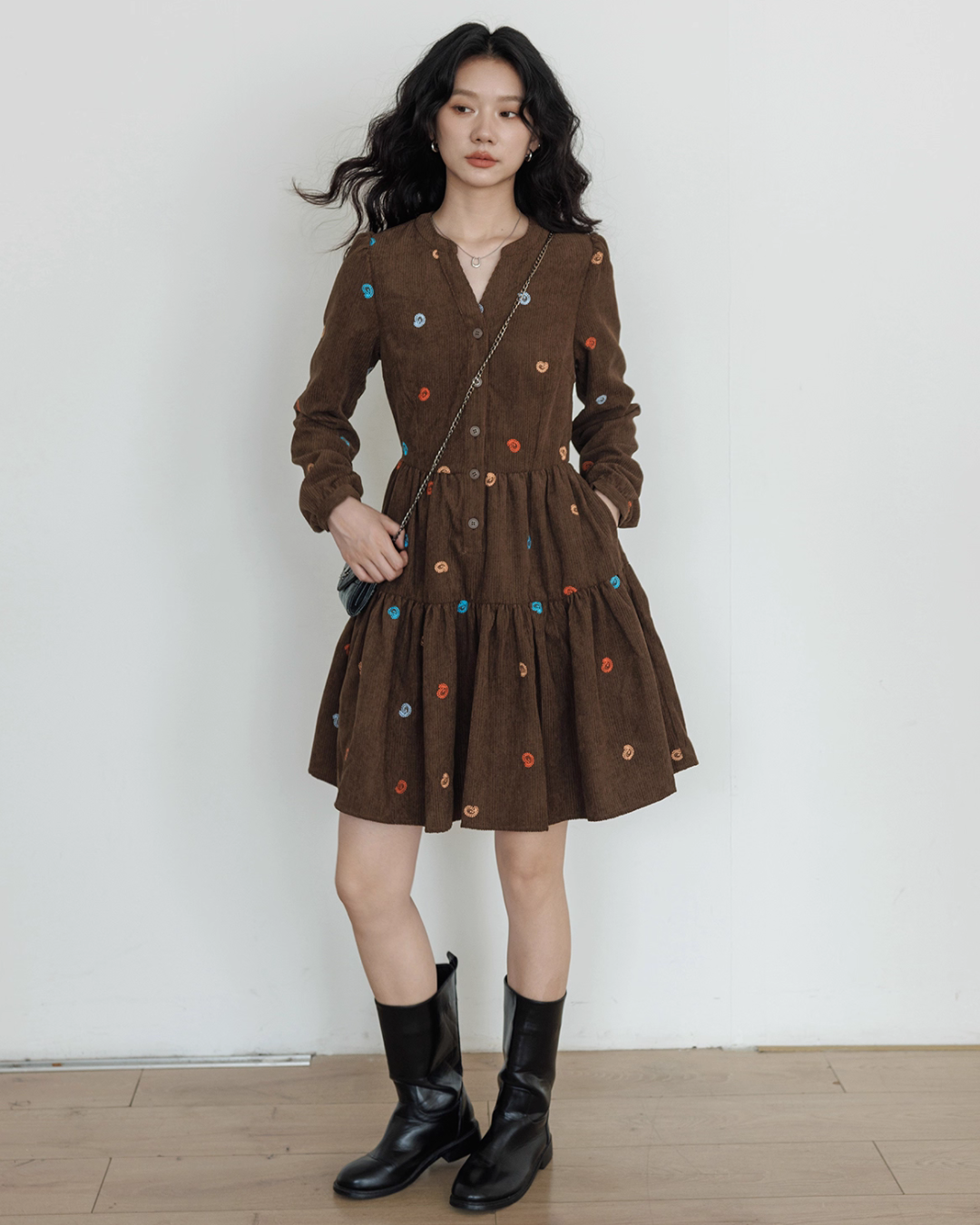 V-Neck Embroidered Shirt Dress VAS0169