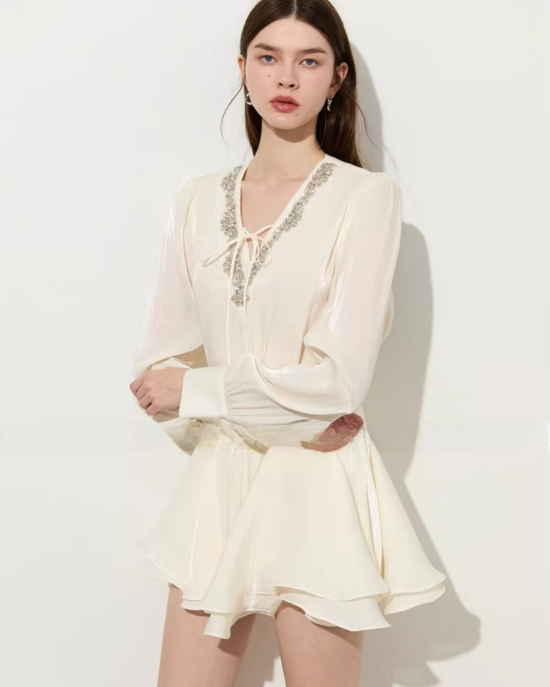 V-Neck Sparkly Sheer Top / Flared Mini Skirt DPY0079