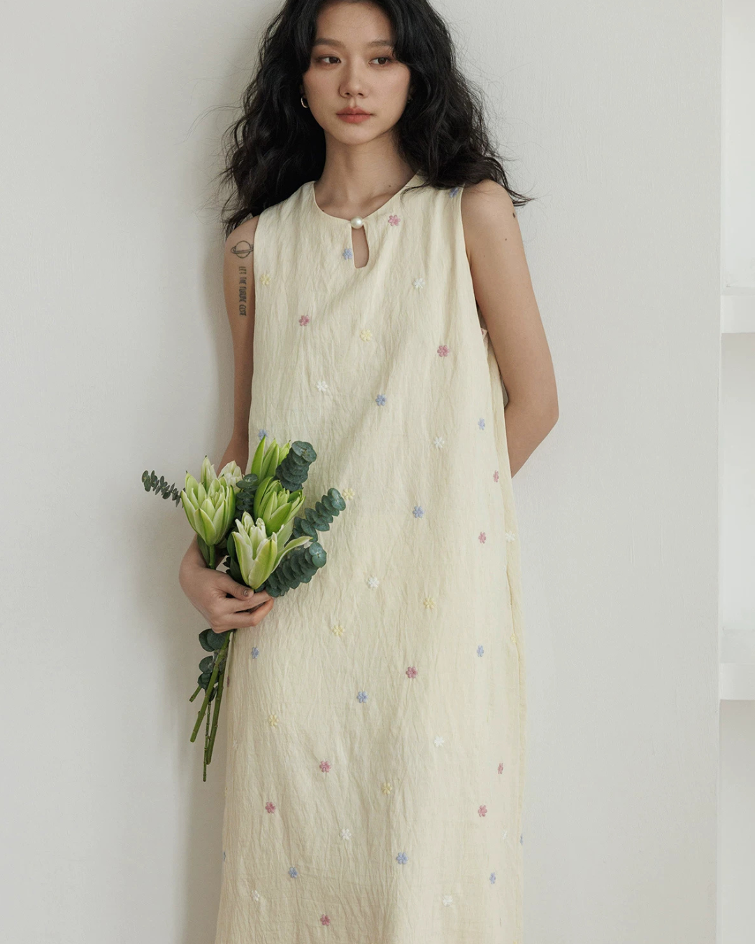 Flower Embroidery Pearl Button Long Dress VAS0203