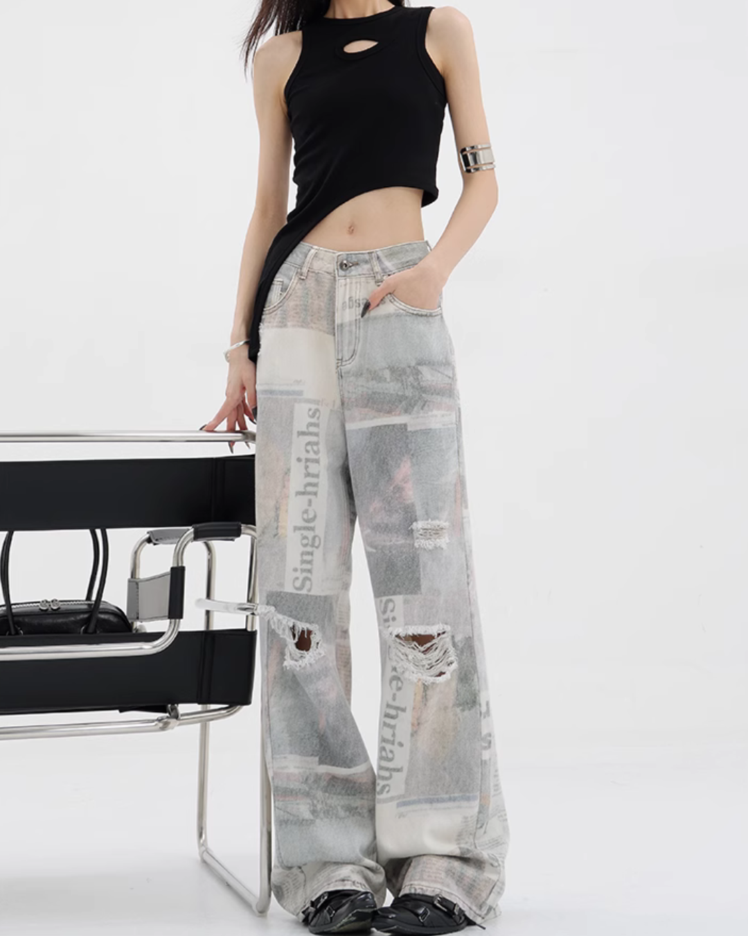 News Paper Print Wide Pants KNH0005