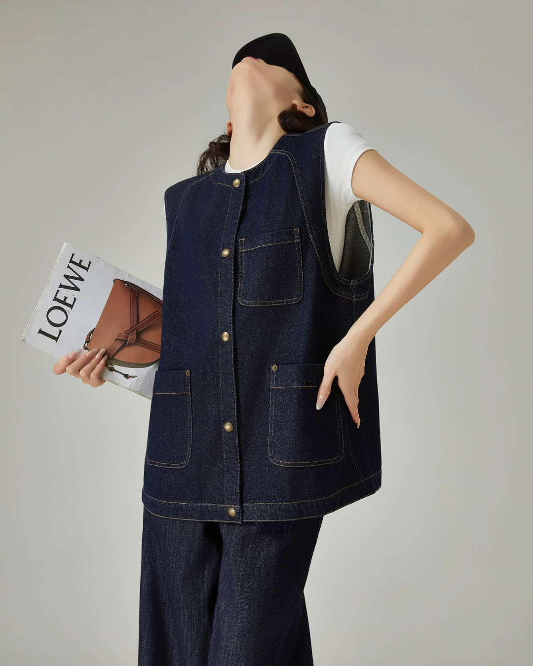 Collarless Denim Vest / Denim Wide Pants FER0144