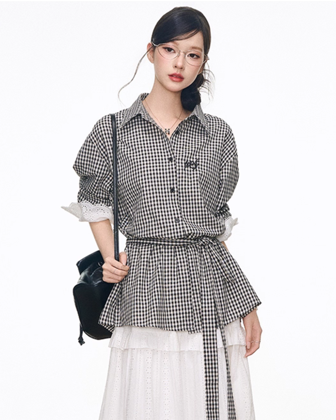 Black Grid Patchwork Lace Shirt / White Hollow Cake Long Skirt WEO0067