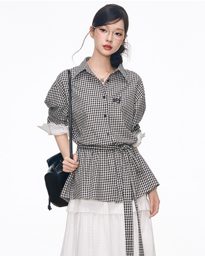 Black Grid Patchwork Lace Shirt / White Hollow Cake Long Skirt WEO0067