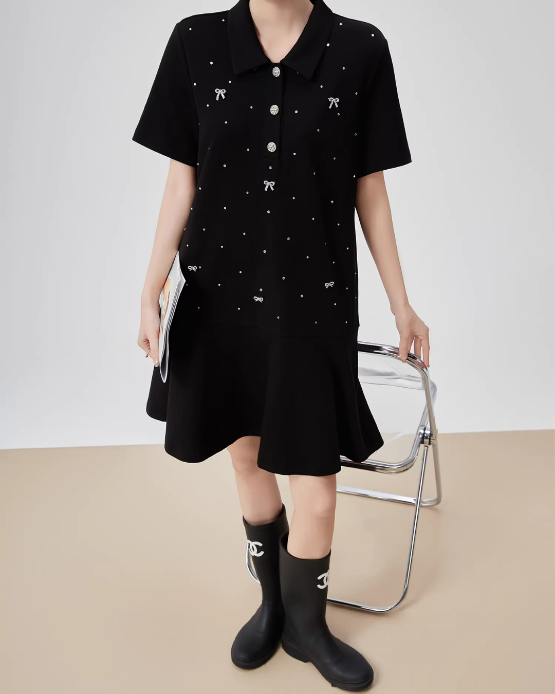 Ribbon Motif Polo Collar Mini Dress FER0113