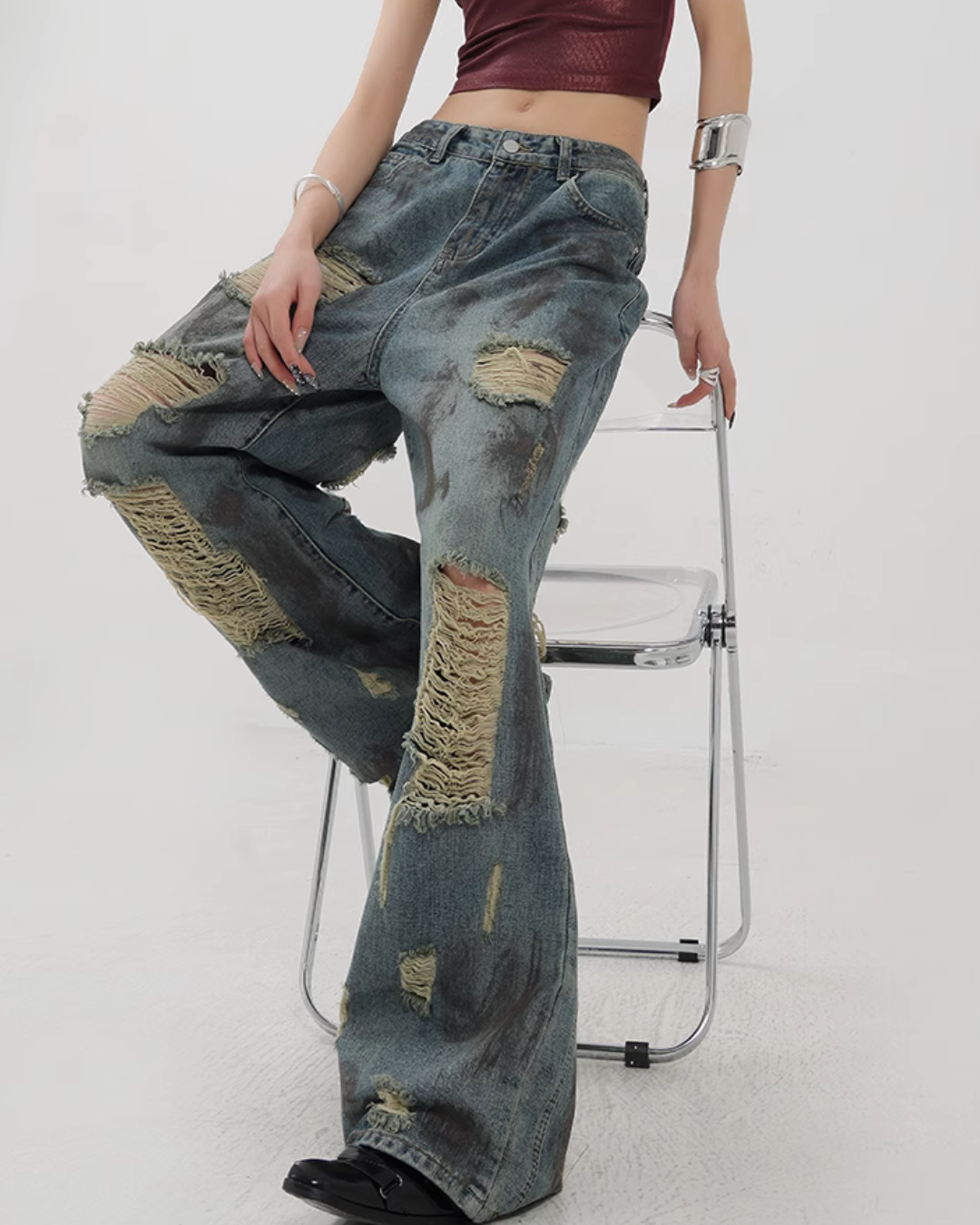 Vintage Damaged Wide Denim Pants KNH0003