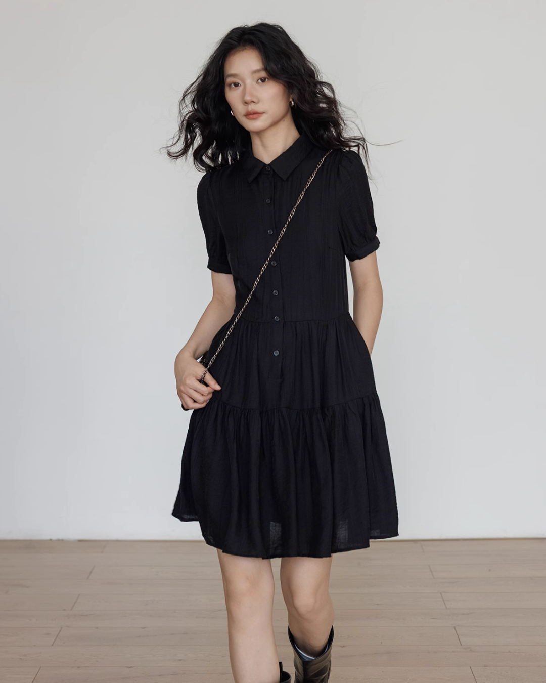 Plain Tiered Shirt Dress VAS0103