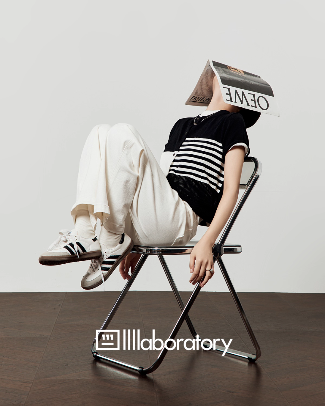 Color Block Stripe Knit / White Denim Pants LLA0496