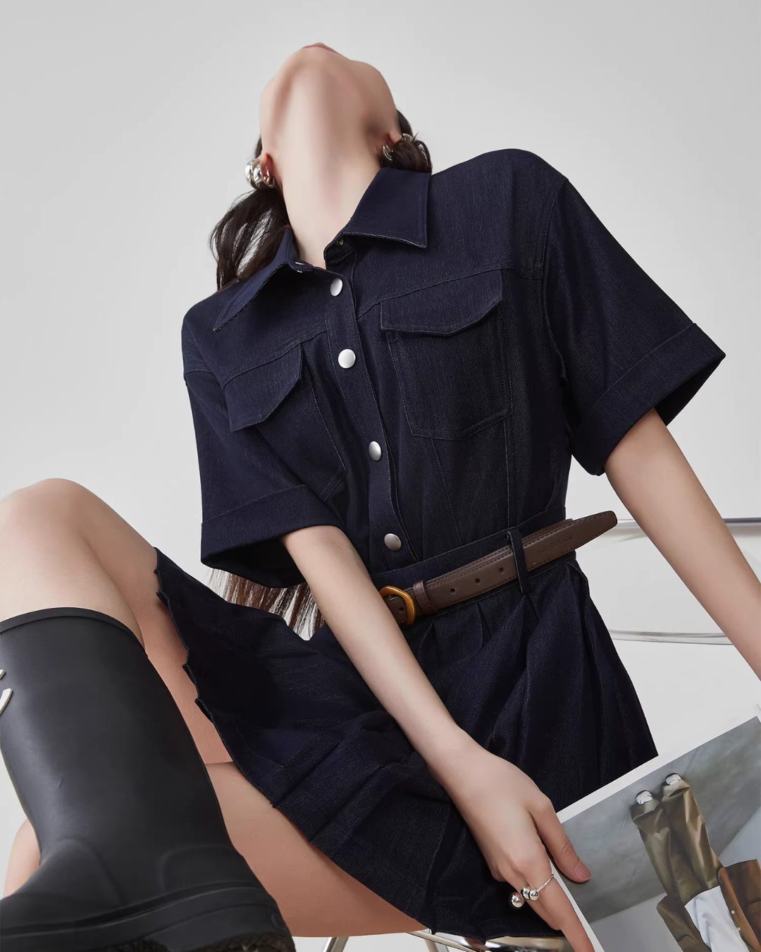 Ruffle Polo Collar Denim Dress FER0105