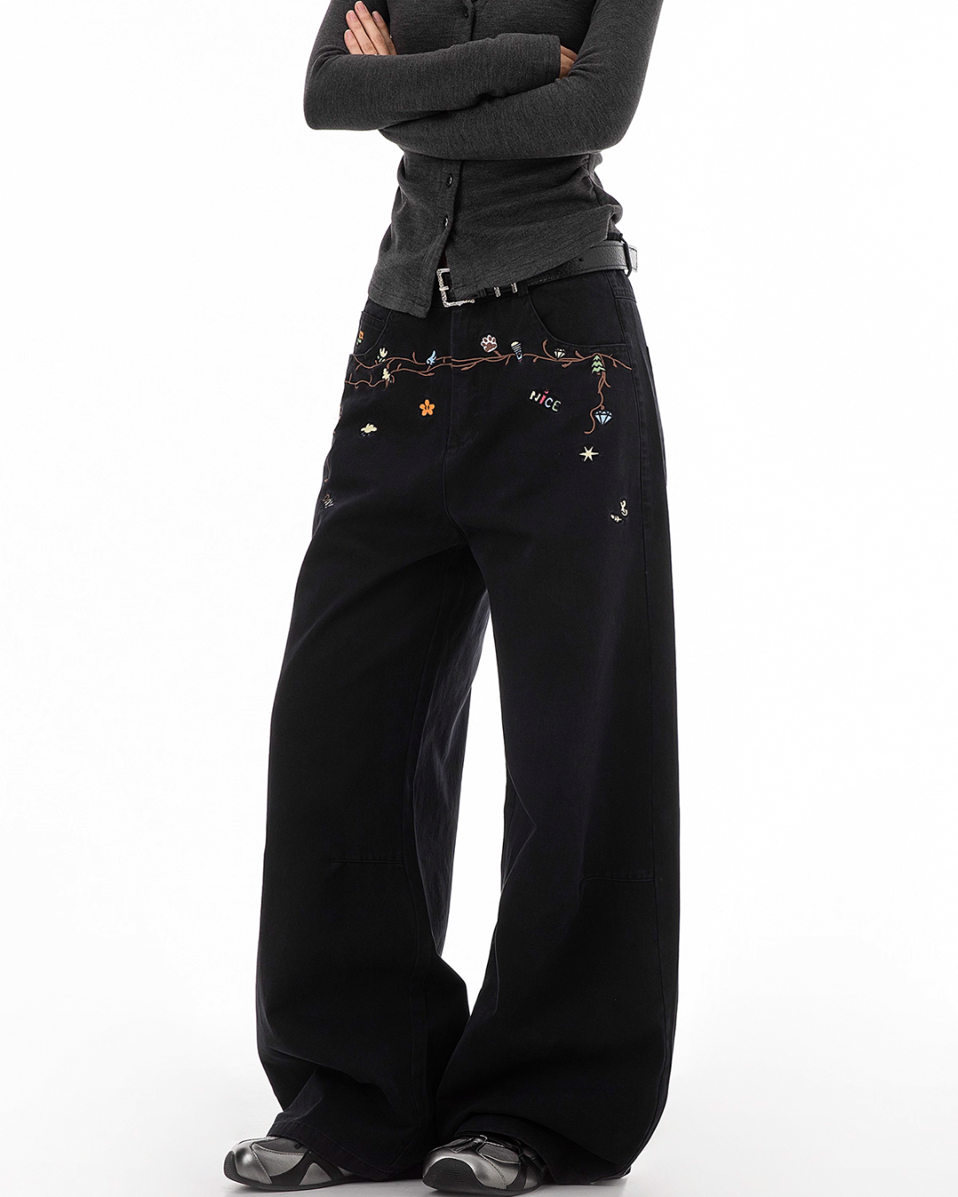 Floral Embroidery Wide Denim Pants ICM0116