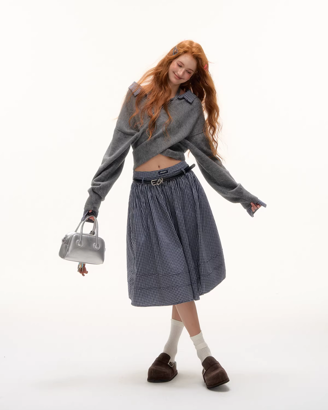 Front Wrap Knit Top/Gingham Check Skirt ASG0074