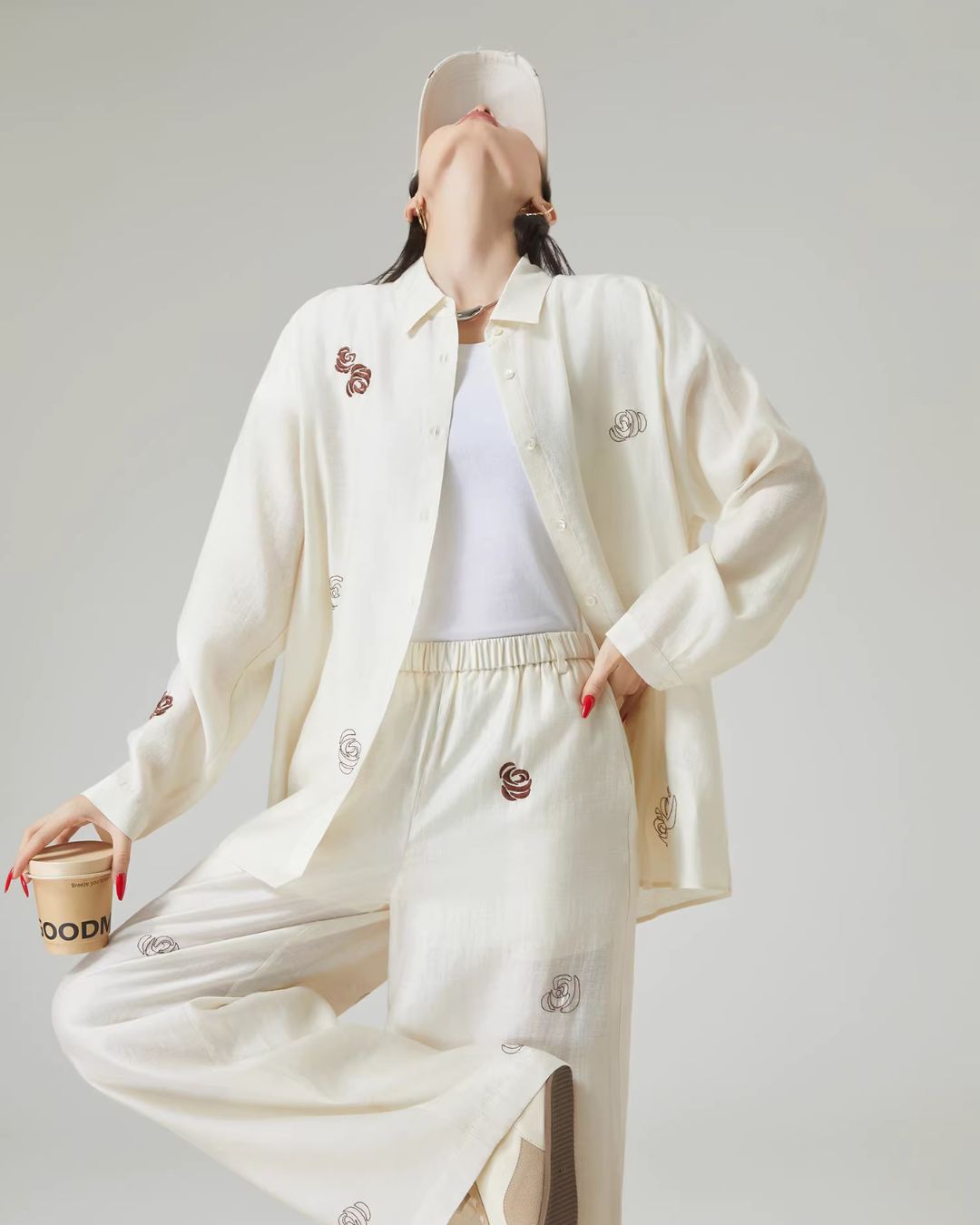 Rose Embroidered Long-Sleeve Shirt / Wide Pants FER0101