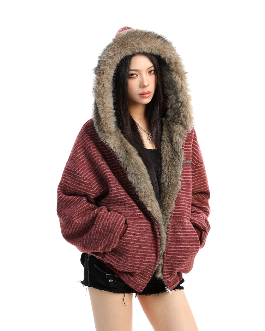 Inner Fur Thin Stripe Zip Hoodie BGS0032
