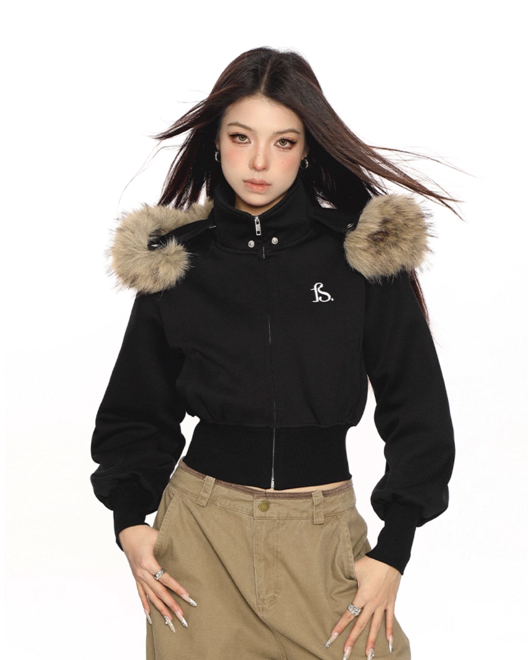 Fur Cropped Zip Up Hoodie BGS0013