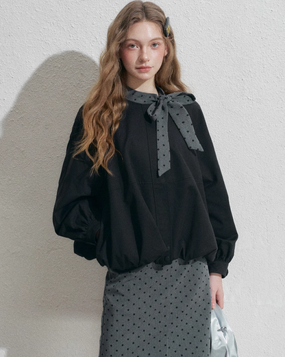 Ribbon Collar Long-Sleeve Blouse / Polka Dot Skirt NEP0002
