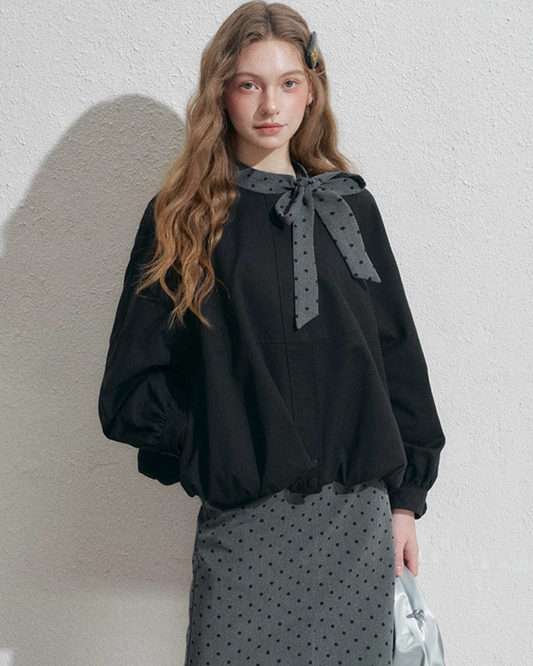 Ribbon Collar Long-Sleeve Blouse / Polka Dot Skirt NEP0002