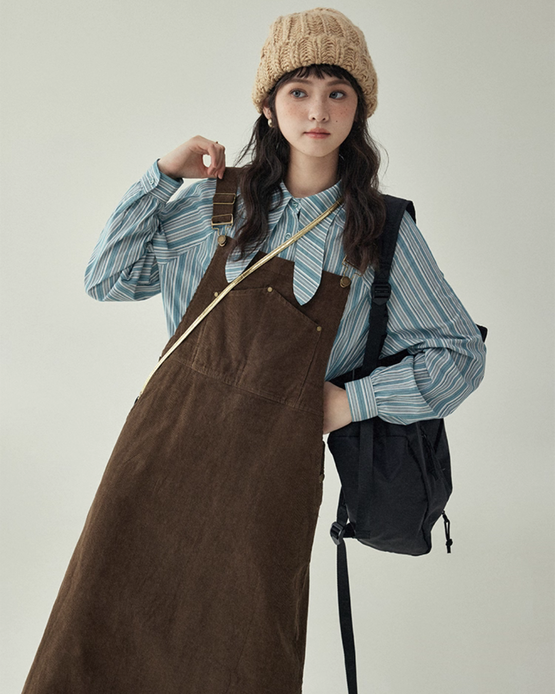 Blue Stripe Shirt / Wide Denim Pants / Corduroy Overall Skirt AMU0033