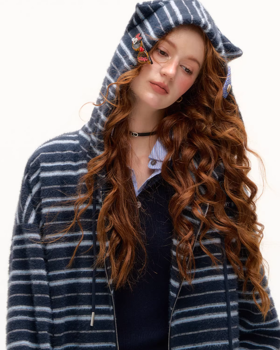 Striped Cat Ear Hoodie / Layered-Style Design Shirt ASG0076