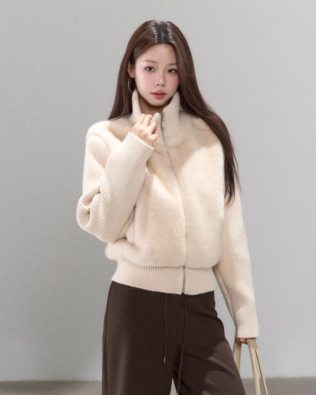Stand Collar Fur Knit Jacket WDB0005