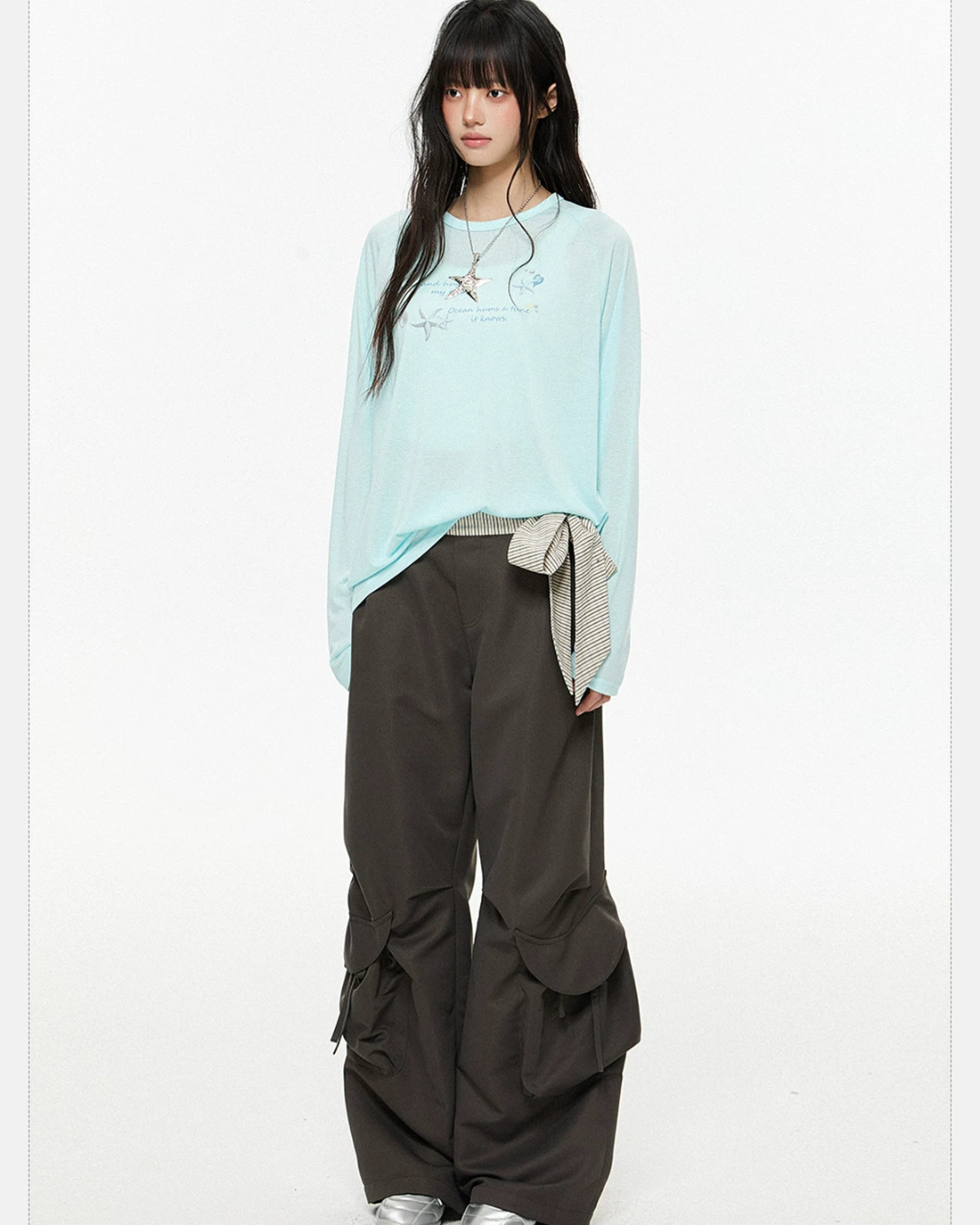 Gingham Sash Belt Wide Cargo Pants EZK0104
