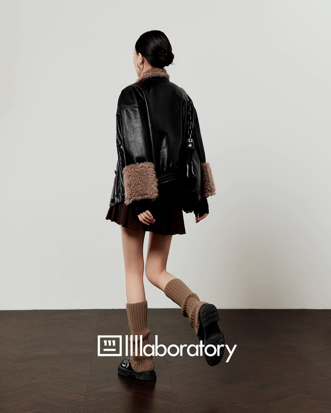 Boa Collar Leather Jacket / Pleated Mini Skirt  LLA0573