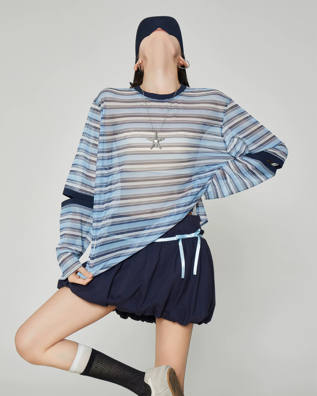 Striped Mesh Long-Sleeve T-Shirt FER0362