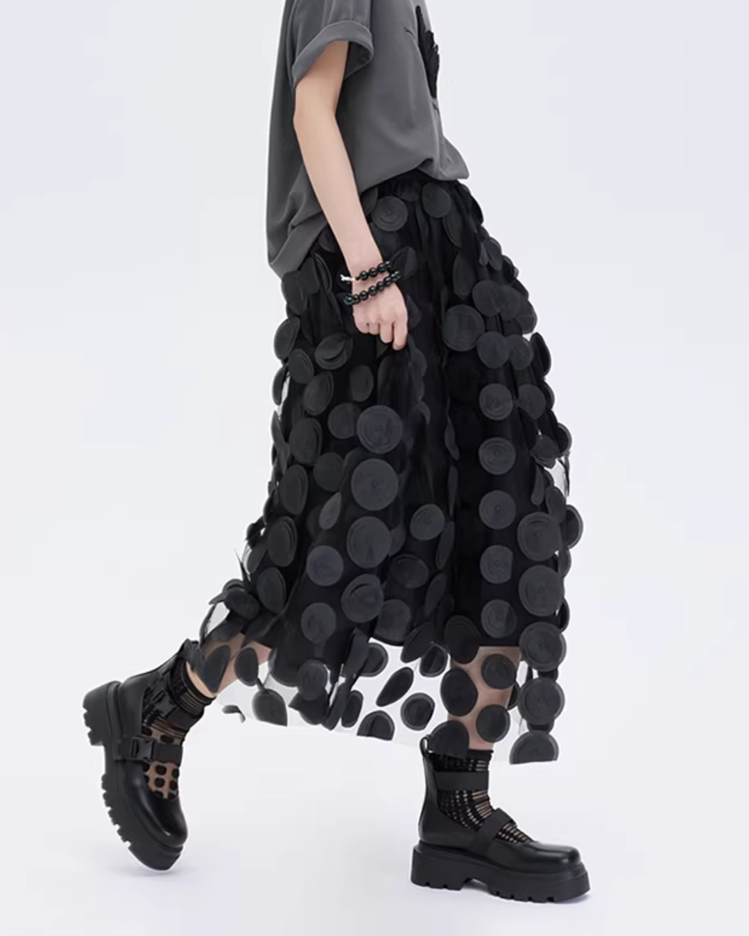 Patch Embroidered Flared Mesh Skirt SHN0003