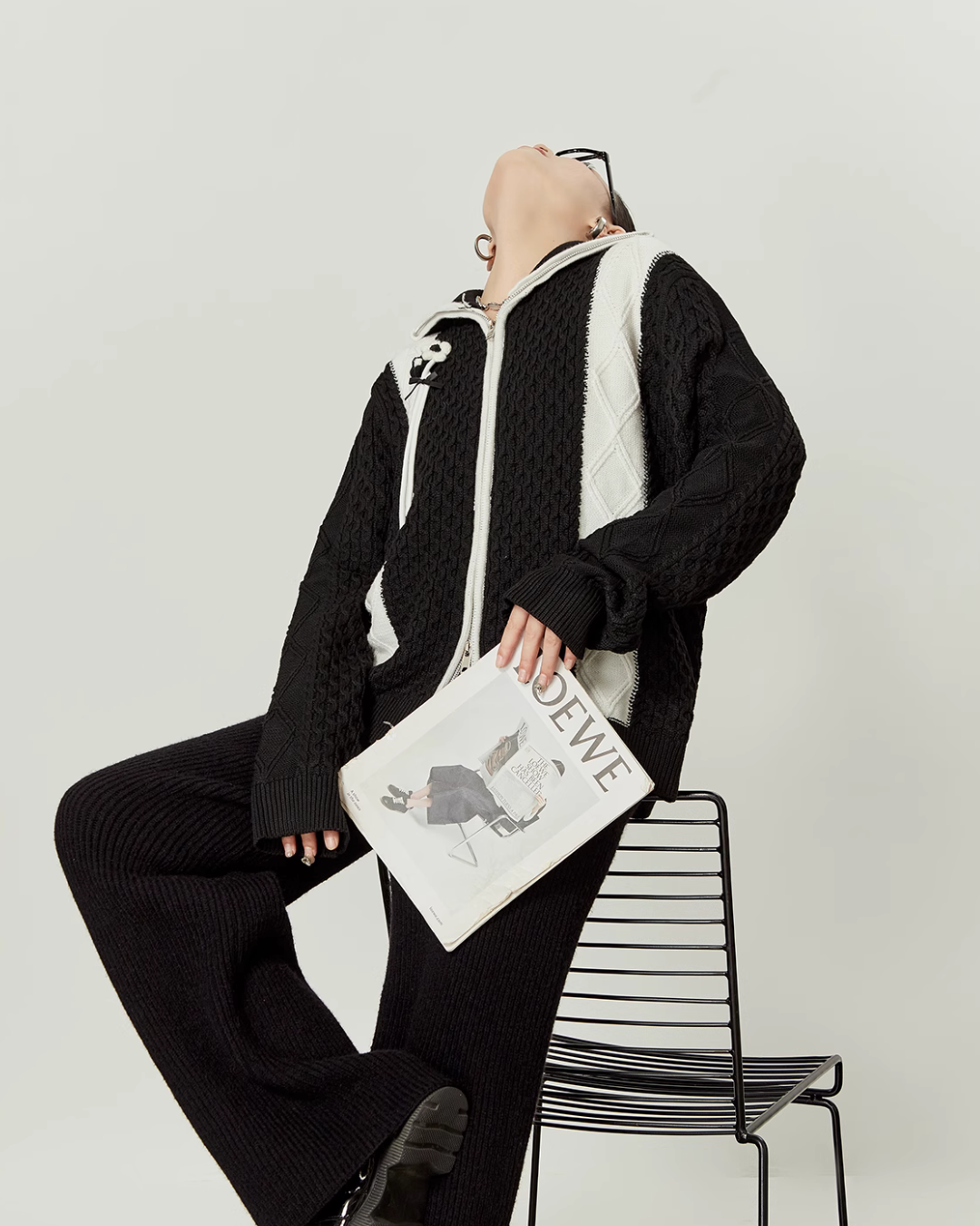 Black White Double Zip Knit Long Skirt LLA0337