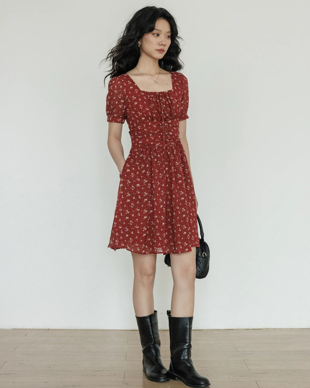 Square Neck Flower Mini Dress VAS0195
