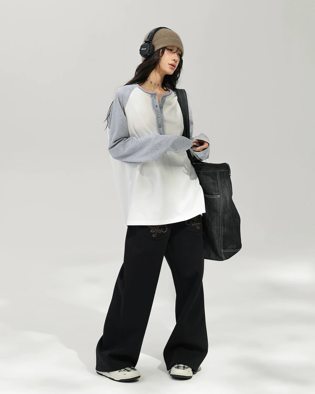 Henley Neck Raglan Sleeve Long-Sleeve T-Shirt ACS0382