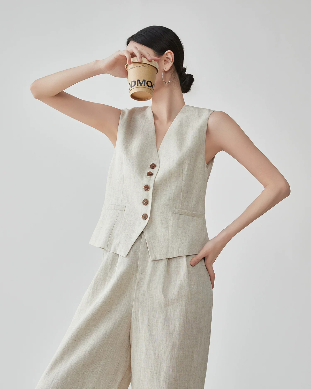 Linen V-Neck Vest / Wide Relaxed Pants FER0270
