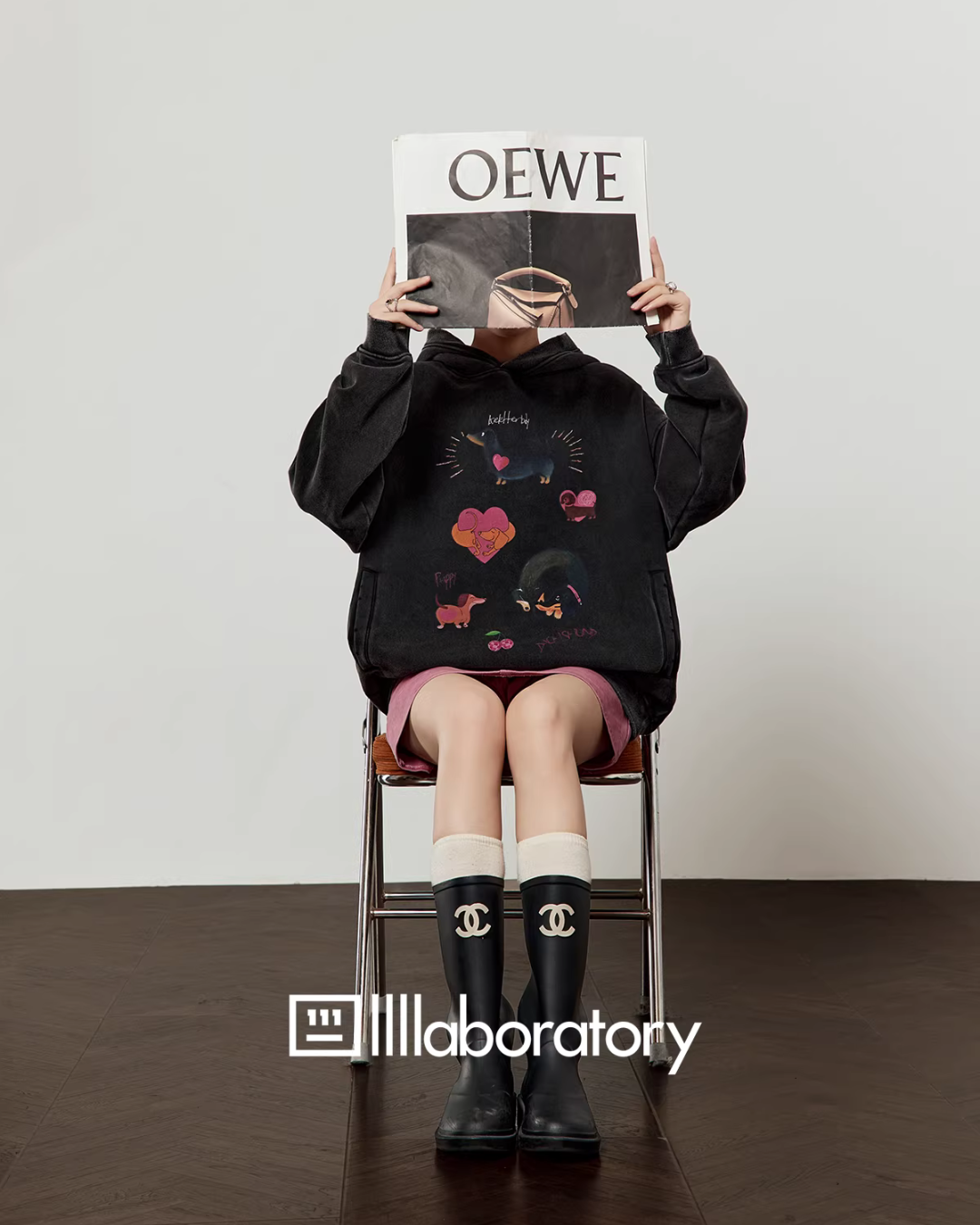 Dog Print Retro Hoodie / Pink Mini Skirt LLA0590