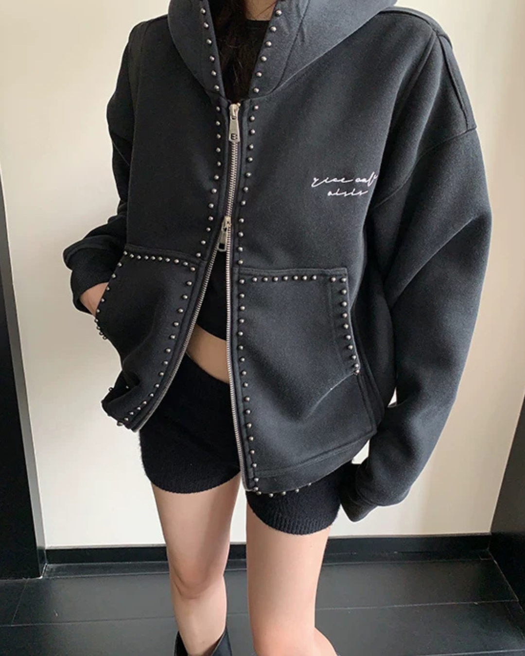 Studded Design Hooded Zip Jacket YLS1033