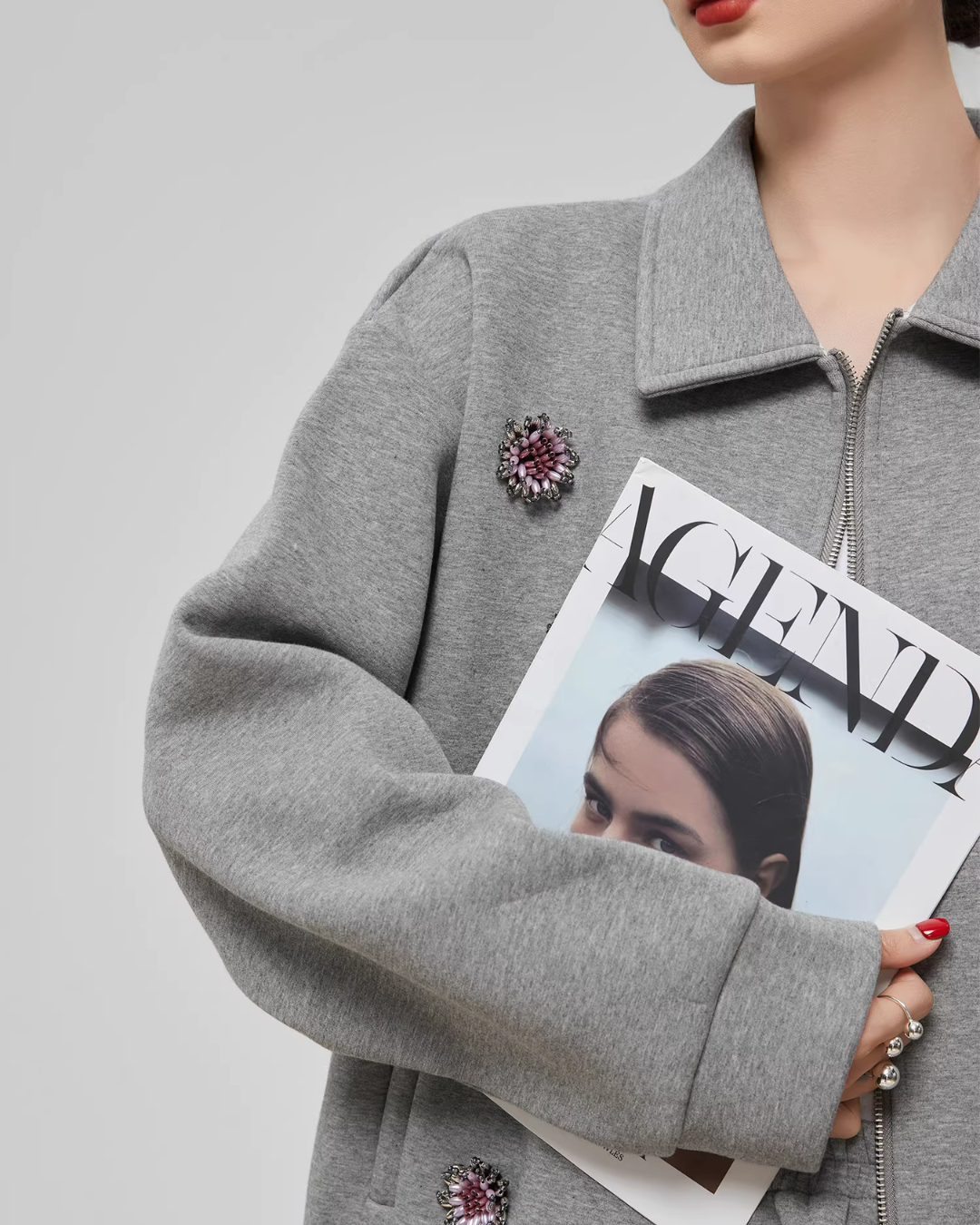 Gray Rhinestone Long-Sleeve Jacket / High-Waist Skirt FER0065